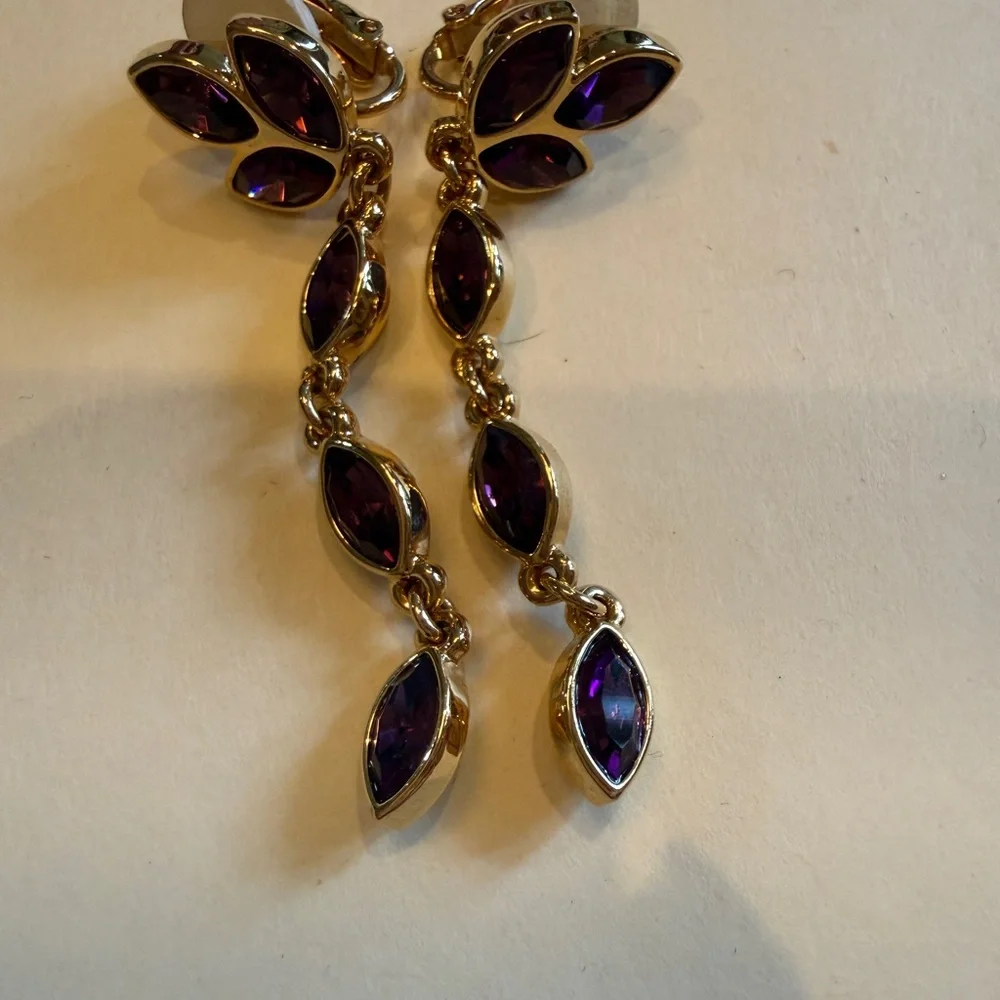 Swarorski Gold and Amethyst color Purple 2” Drop Earrings - Picture 6 of 7